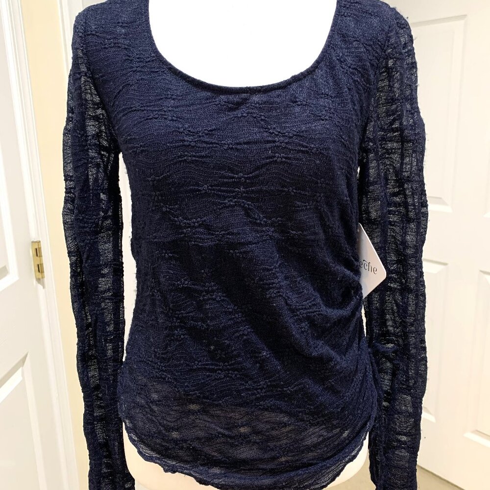 NWT La Peche Long Sleeves Blouse Women Dark Blue Semi-Sheer Size L